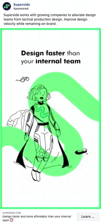 An illustrated woman is rushing while holding papers and a laptop, with text that reads, "Design faster than your internal team.