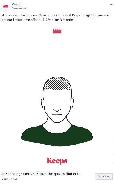 Illustration of a man with thinning hair on top, below text promoting a hair loss quiz and offer from Keeps. Button at bottom says "Get Offer.