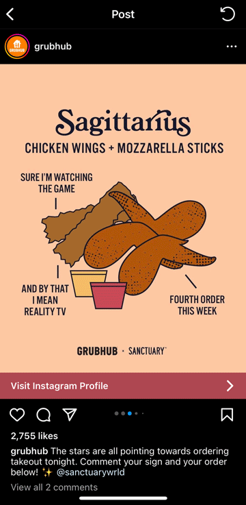 Illustration of chicken wings and mozzarella sticks with dipping sauce on a tan background. Text reads "Sagittarius: Chicken wings + mozzarella sticks" with humorous captions and Grubhub branding.