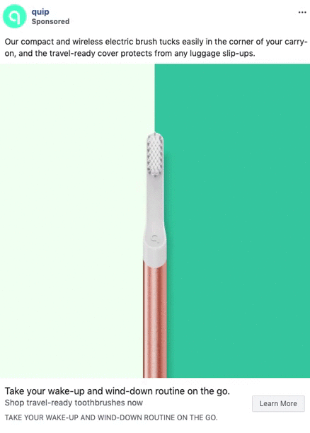 An electric toothbrush with a rose gold handle is shown upright against a split teal and white background with product details and a shopping link.