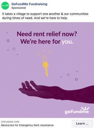 A purple graphic with text "Need rent relief now? We're here for you." shows a key above an open hand and includes the GoFundMe logo and a link for emergency rent assistance.