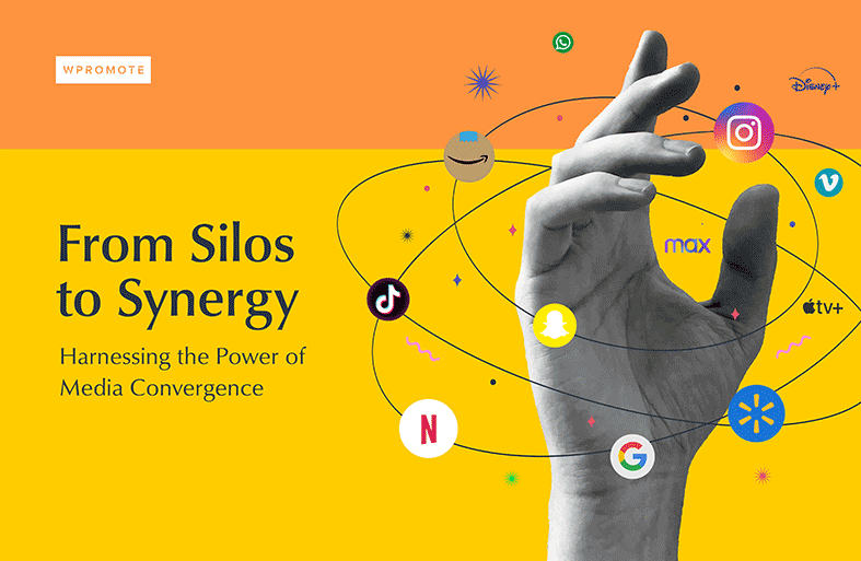 A grayscale hand reaches upward with social media and streaming service icons orbiting around it; text reads "From Silos to Synergy: Harnessing the Power of Media Convergence.