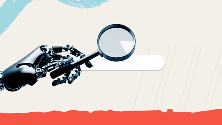 A robotic hand holding a magnifying glass over a blank search bar on a beige background with red and blue graphic elements.