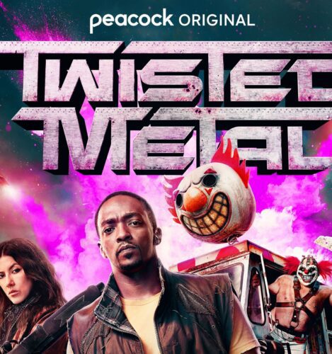 Promotional poster for "Twisted Metal" on Peacock, featuring three characters, a clown-masked figure, and an ice cream truck with a fiery, chaotic background.