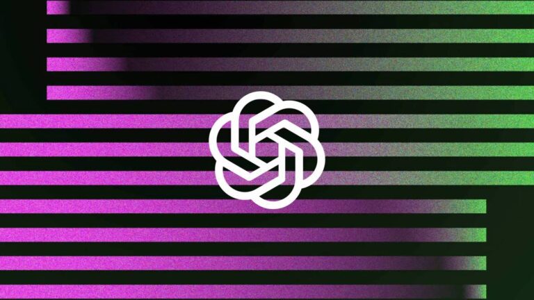 OpenAI logo centered over horizontal purple and green stripes on a black background, with a gradient effect on the left side.