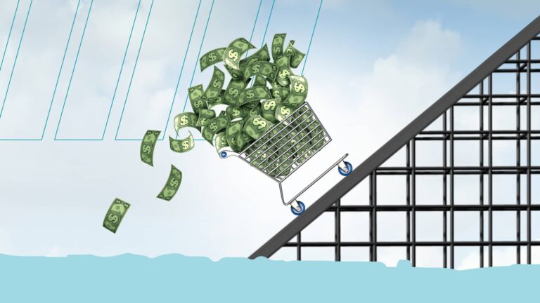 Illustration of a shopping cart filled with cash going up a roller coaster track, with some bills falling out, against a sky background.