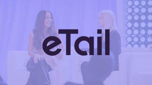 Two women sit and talk on stage with the word "eTail" boldly displayed over the image.