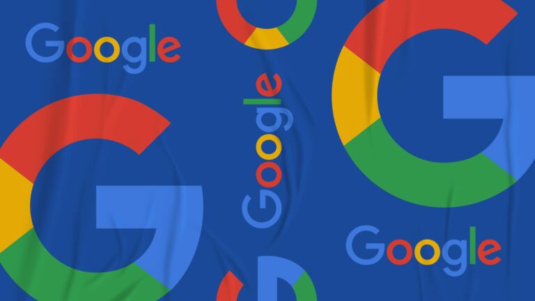 Blue background featuring multiple Google logos and the word “Google” in various sizes and orientations, using the company’s signature red, yellow, green, and blue colors.