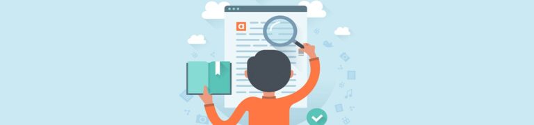 Illustration of a person holding a book and examining a document on a large screen with a magnifying glass, symbolizing research or information review.