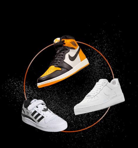 Three different sneakers—a black and yellow high-top, a white low-top, and a white sneaker with black stripes—arranged in a circular pattern on a black background.
