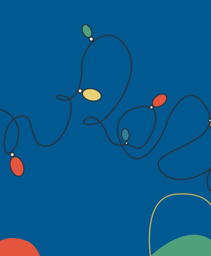 A string of colorful holiday lights in red, green, yellow, and blue on a blue background with abstract shapes in the corners.