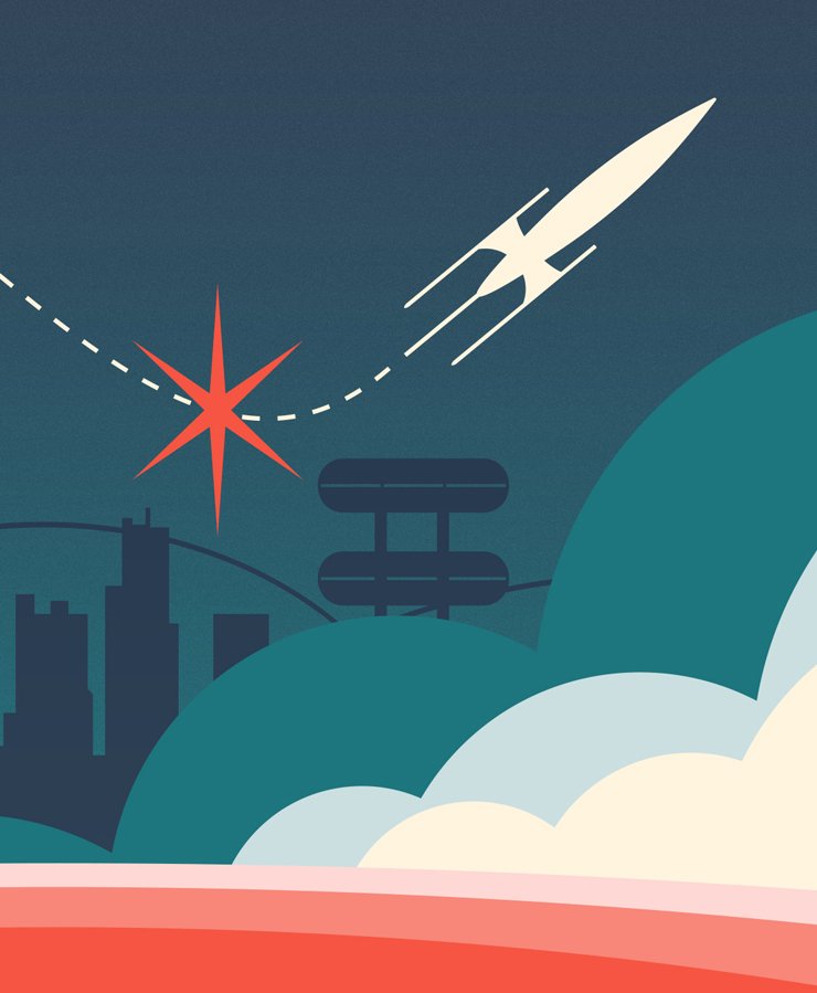 A stylized rocket flies upward, leaving a dashed trail past a red starburst, with city buildings and clouds in the foreground.