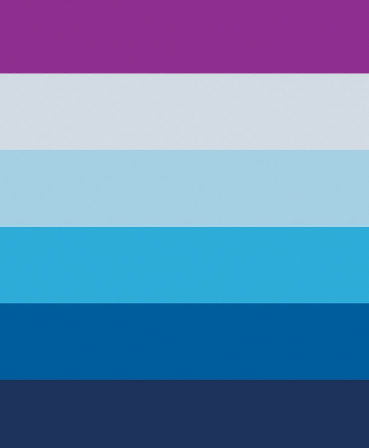 A flag with seven horizontal stripes in purple, light gray, light blue, teal, blue, dark blue, and navy blue colors.