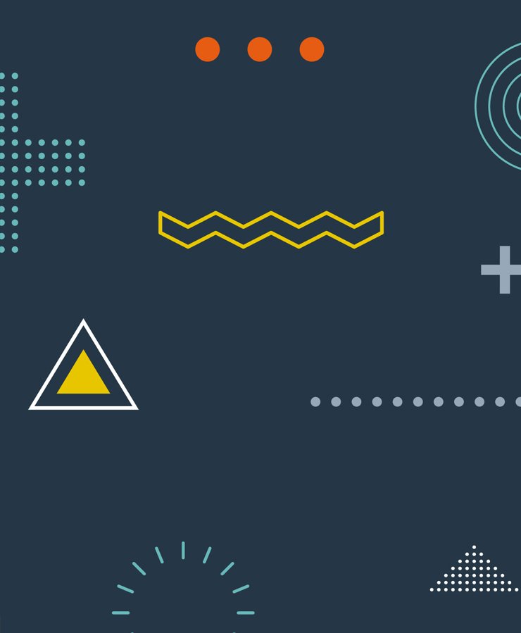 Abstract geometric design featuring dots, lines, a yellow zigzag, an outlined triangle with a yellow center, and circular patterns on a dark blue background.