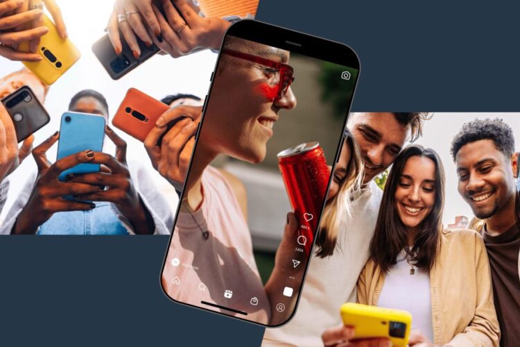 A group of people hold smartphones, while a phone in the center displays a photo of a smiling person with red glasses holding a can; another group looks at a yellow phone together.
