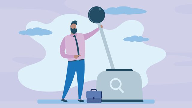 Illustration of a man in business attire pulling a large lever with a magnifying glass symbol, with a briefcase on the ground beside him.