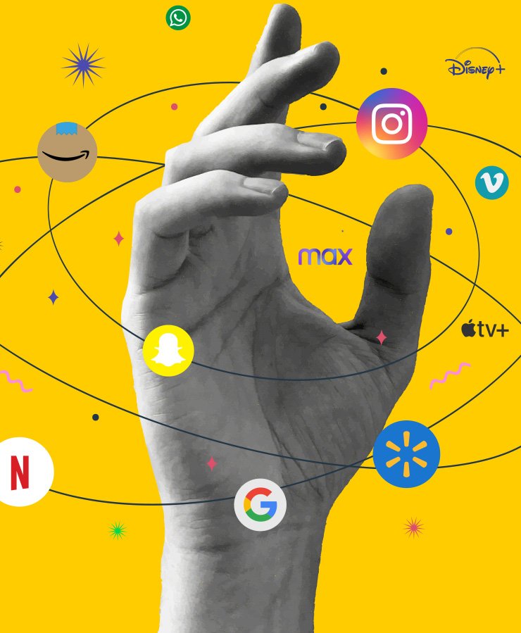 A grayscale hand with fingers extended is surrounded by orbits containing various streaming and social media logos on a yellow background.