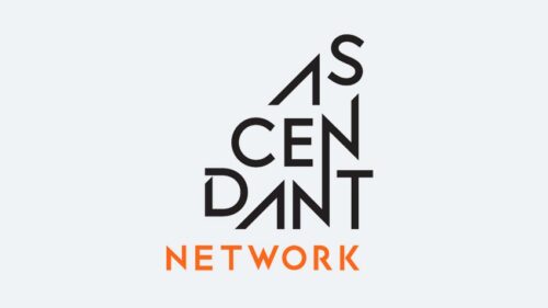 The image shows the words "ASCENDANT" arranged in a triangle shape above the word "NETWORK" in orange, all on a light gray background.