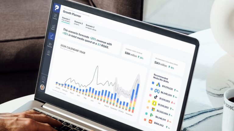 Person using a laptop displaying data analytics dashboard with graphs, charts, revenue metrics, and a growth planner for the 2024 calendar year.