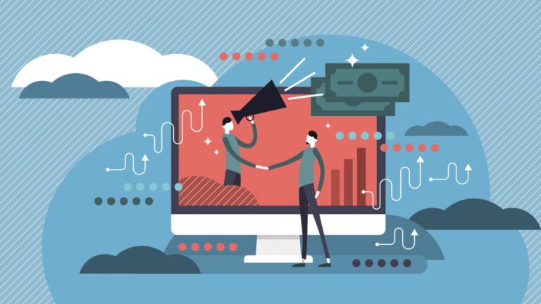 Illustration of two people shaking hands in front of a large computer monitor, with charts, a megaphone, and a money symbol, representing online business or digital marketing.