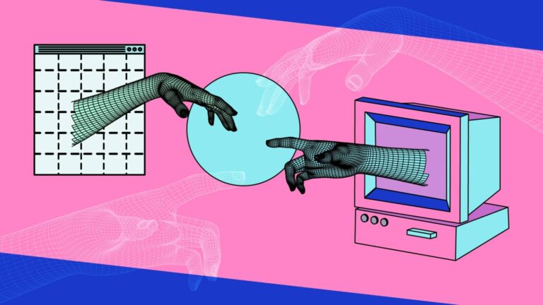 Illustration of two wireframe hands reaching toward each other, one from a calendar window and one from a retro computer, with a blue circle between them on a pink and blue background.