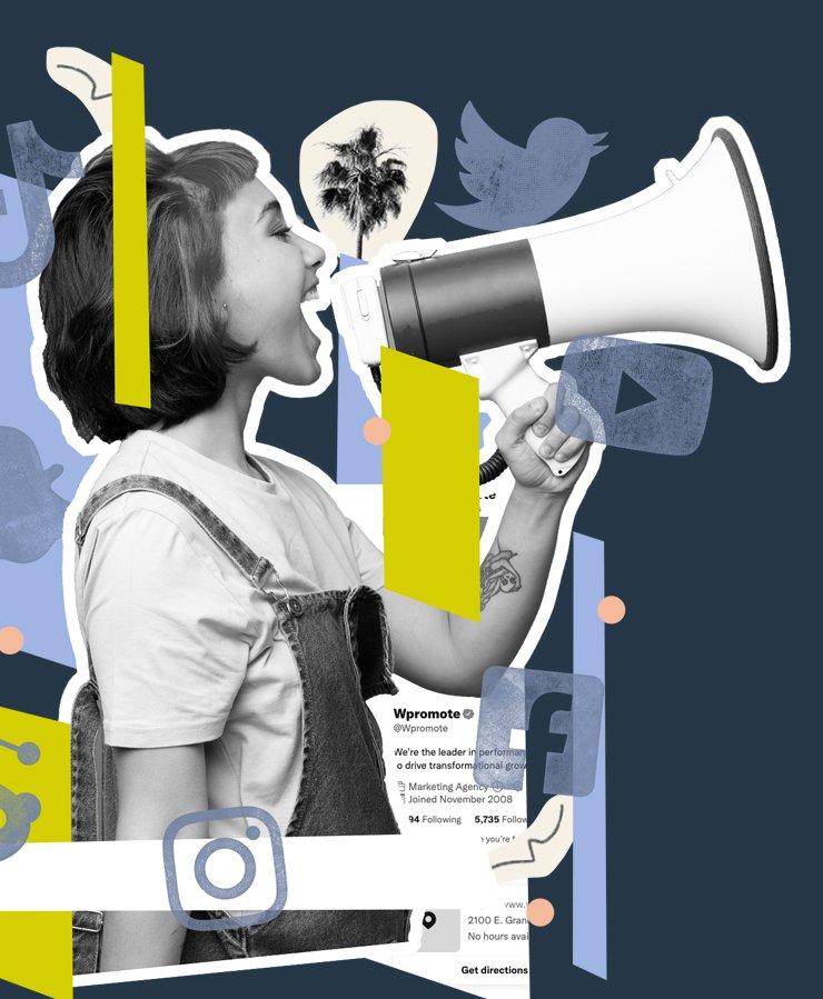 A woman shouts into a megaphone, surrounded by social media icons, emphasizing online communication and digital marketing.