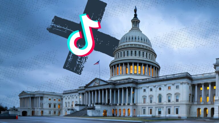 The US Capitol building with a large TikTok logo crossed out above it, suggesting restrictions or debate on TikTok.