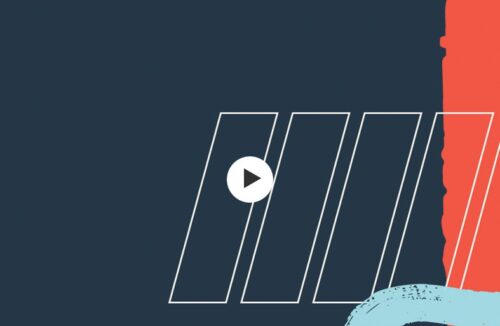 Abstract graphic with a dark blue background, red vertical stripe on the right, white outlined parallelograms, a blue brushstroke, and a play button in the center.