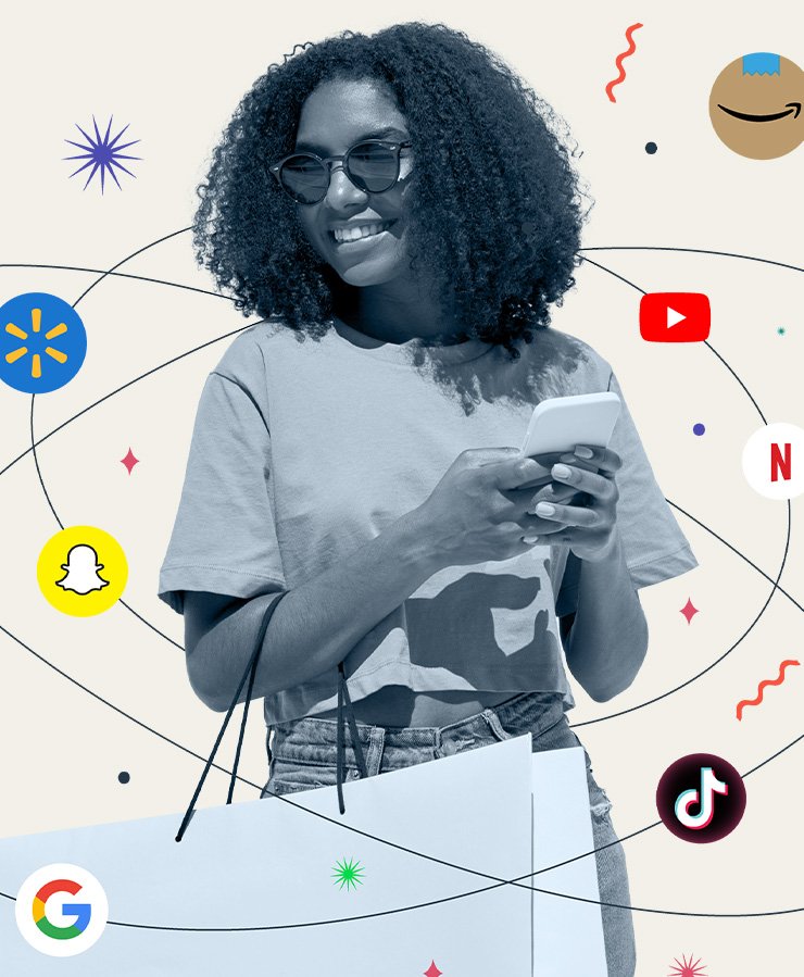 A woman holding shopping bags and a smartphone is surrounded by logos of apps like YouTube, TikTok, Walmart, Snapchat, Netflix, and Google.