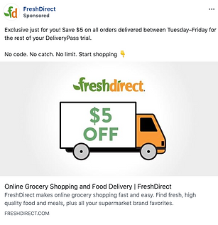A FreshDirect ad offering $5 off all orders delivered Tuesday–Friday, featuring a graphic of a delivery truck with "$5 OFF" on its side.