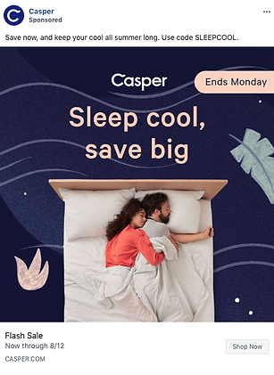 A couple lies in bed under a white comforter on a Casper mattress with text promoting a summer flash sale and discount code.