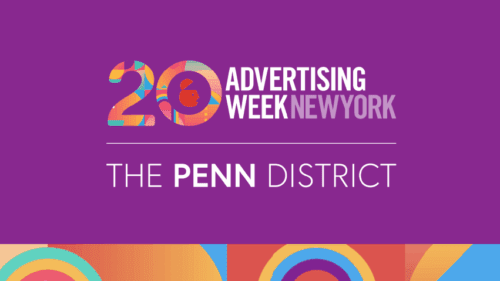 Advertising Week New York 20th anniversary logo with colorful design, text reads “The Penn District” on a purple background.