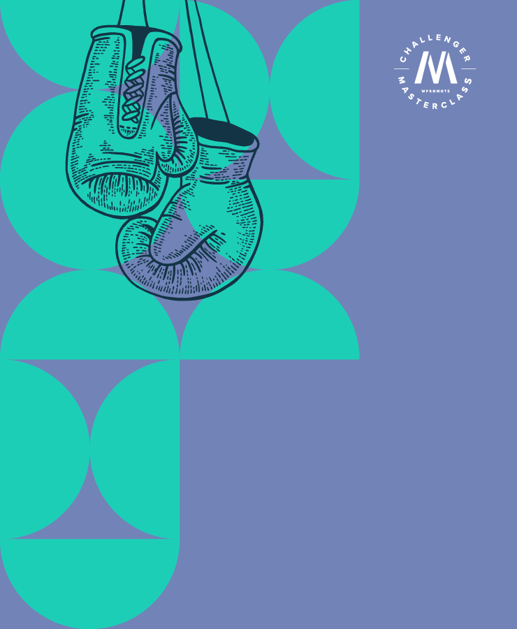 Illustration of two hanging boxing gloves on a blue and teal geometric background, with a "Challenger Masterclass" logo in the top right corner.