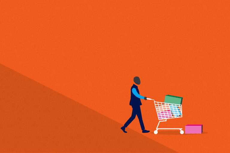 Graphic of man pushing a cart with shopping bags