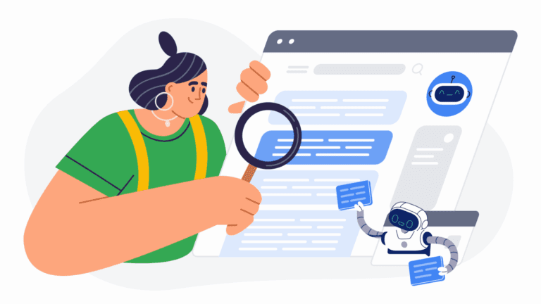 A person examines a large webpage with a magnifying glass while a small robot holds up information cards next to the screen.