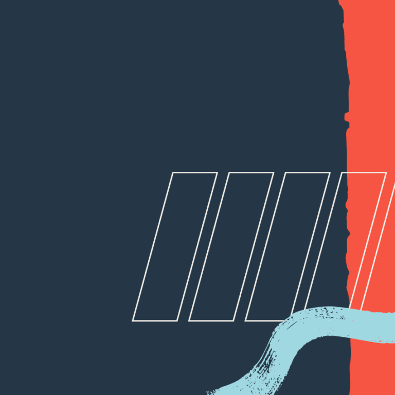 Abstract design featuring a navy blue background, a vertical orange stripe on the right, white outlined parallelograms, and a light blue brushstroke across the bottom right corner.