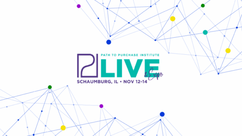 Logo for Path to Purchase Institute Live & Expo, with event details: Schaumburg, IL, November 12-14. Background features a network of connected dots in various colors.