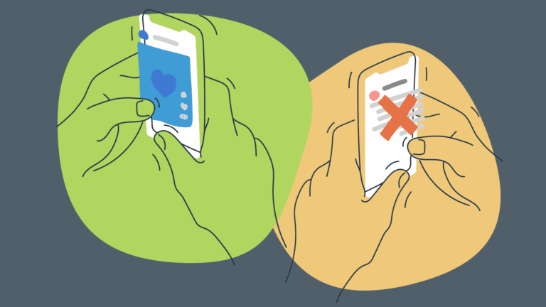 Two illustrated hands holding smartphones; one screen shows a heart symbol with notifications, the other shows a red X over text.