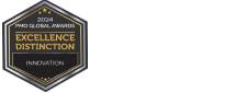 A hexagonal badge reads "2024 PMO Global Awards Excellence Distinction Innovation" in gold, white, and gray text on a dark background.